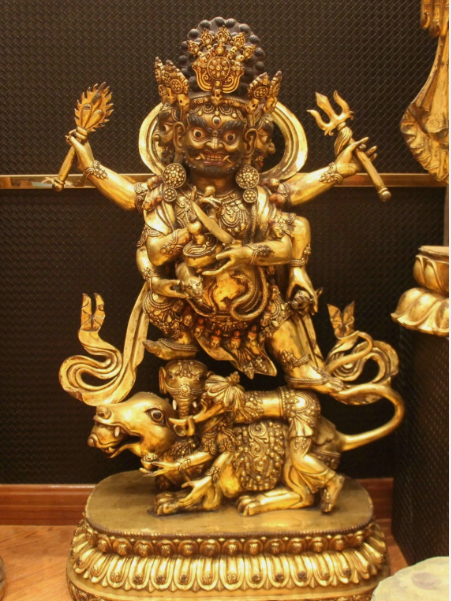 34.6''Old Tibet Purple Bronze 24K Gold Mahakala Hold Faqi