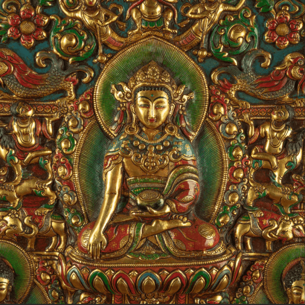 2 RADIANCE OF COMPASSION – 19TH CENTURY GILT COPPER JOWO BUDDHA WALL THANGKA