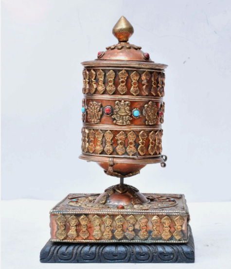 2 8" Large Nepal Tibetan Buddhist Prayer Wheel Wood Stand Brass Dorje Home Décor