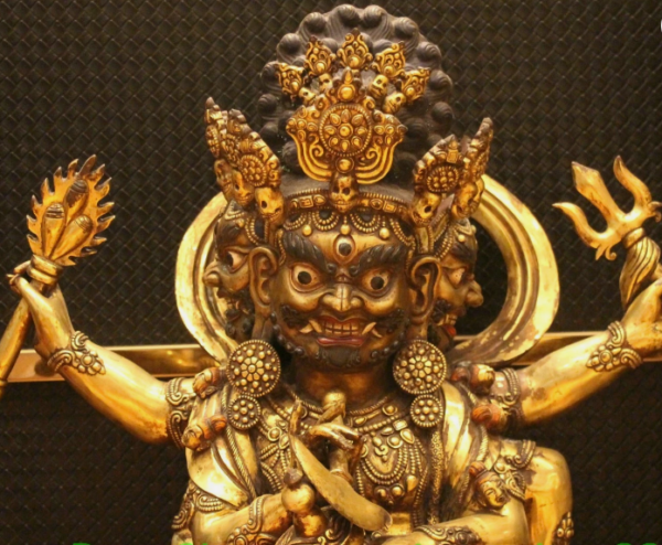 34.6''Old Tibet Purple Bronze 24K Gold Mahakala Hold Faqi