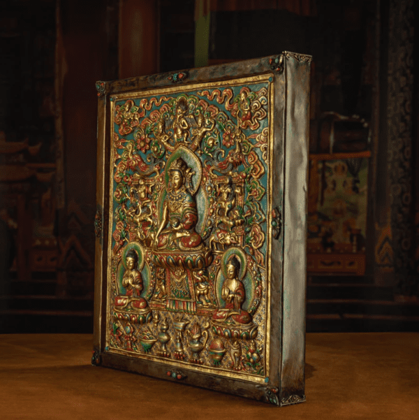 4 RADIANCE OF COMPASSION – 19TH CENTURY GILT COPPER JOWO BUDDHA WALL THANGKA