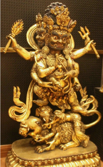 34.6''Old Tibet Purple Bronze 24K Gold Mahakala Hold Faqi