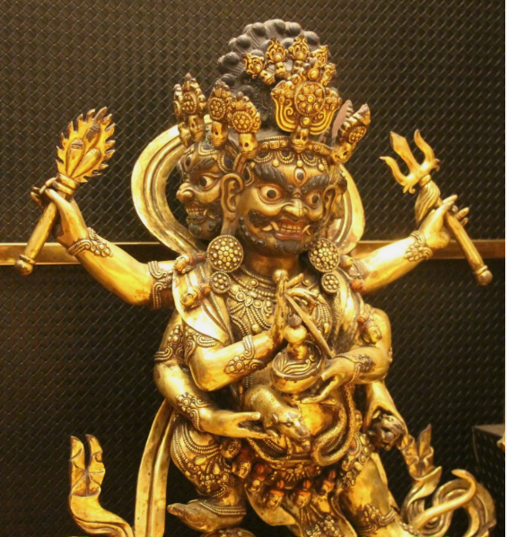 34.6''Old Tibet Purple Bronze 24K Gold Mahakala Hold Faqi
