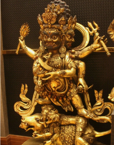 34.6''Old Tibet Purple Bronze 24K Gold Mahakala Hold Faqi