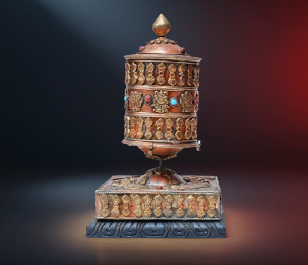 微信图片_20251213204222 8" Large Nepal Tibetan Buddhist Prayer Wheel Wood Stand Brass Dorje Home Décor
