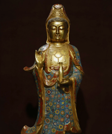 Old Tibet Cloisonne Enamel Bronze Gilt Shakyamuni Kwan-yin God Buddha Statue Set