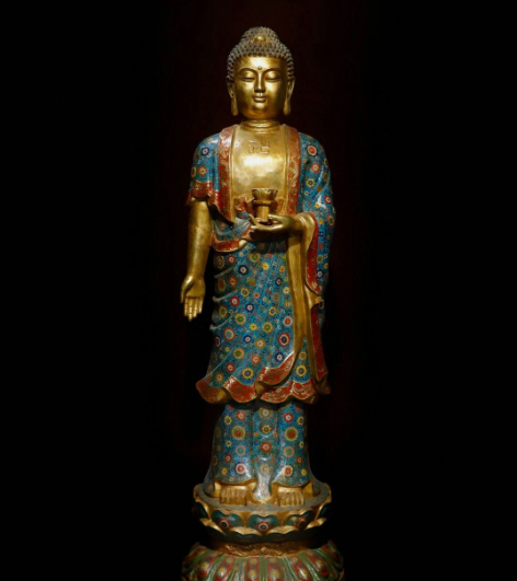Old Tibet Cloisonne Enamel Bronze Gilt Shakyamuni Kwan-yin God Buddha Statue Set