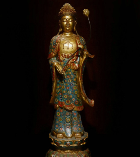 Old Tibet Cloisonne Enamel Bronze Gilt Shakyamuni Kwan-yin God Buddha Statue Set
