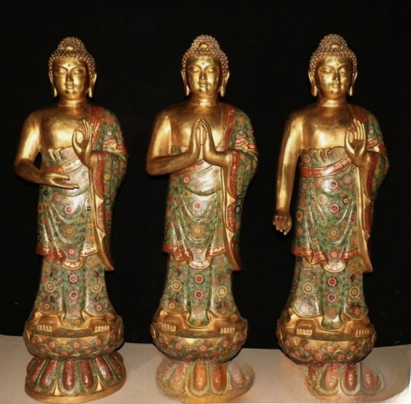 Tibet purple bronze 24k gold gilt cloisonne Sakyamuni triratna buddha statue